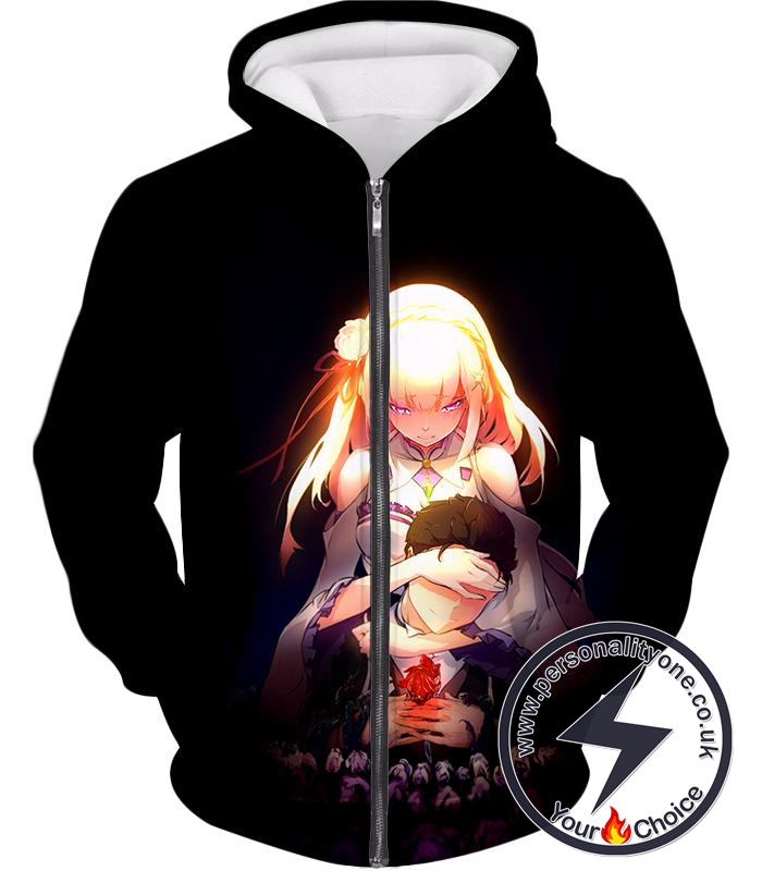 Re:Zero Cute Couple Emilia and Subaru Cool Black Zip Up Hoodie